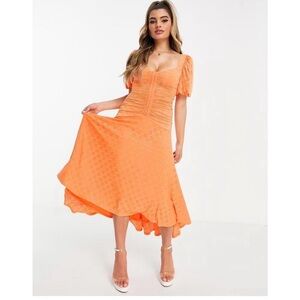 ASOS design orange eyelet puff sleeve sexy midi dress 4 6 small medium